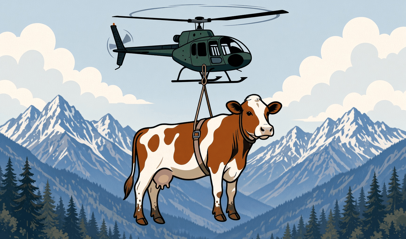 Illustration of a cow in a harness suspended beneath a helicopter above snow-capped alpine peaks